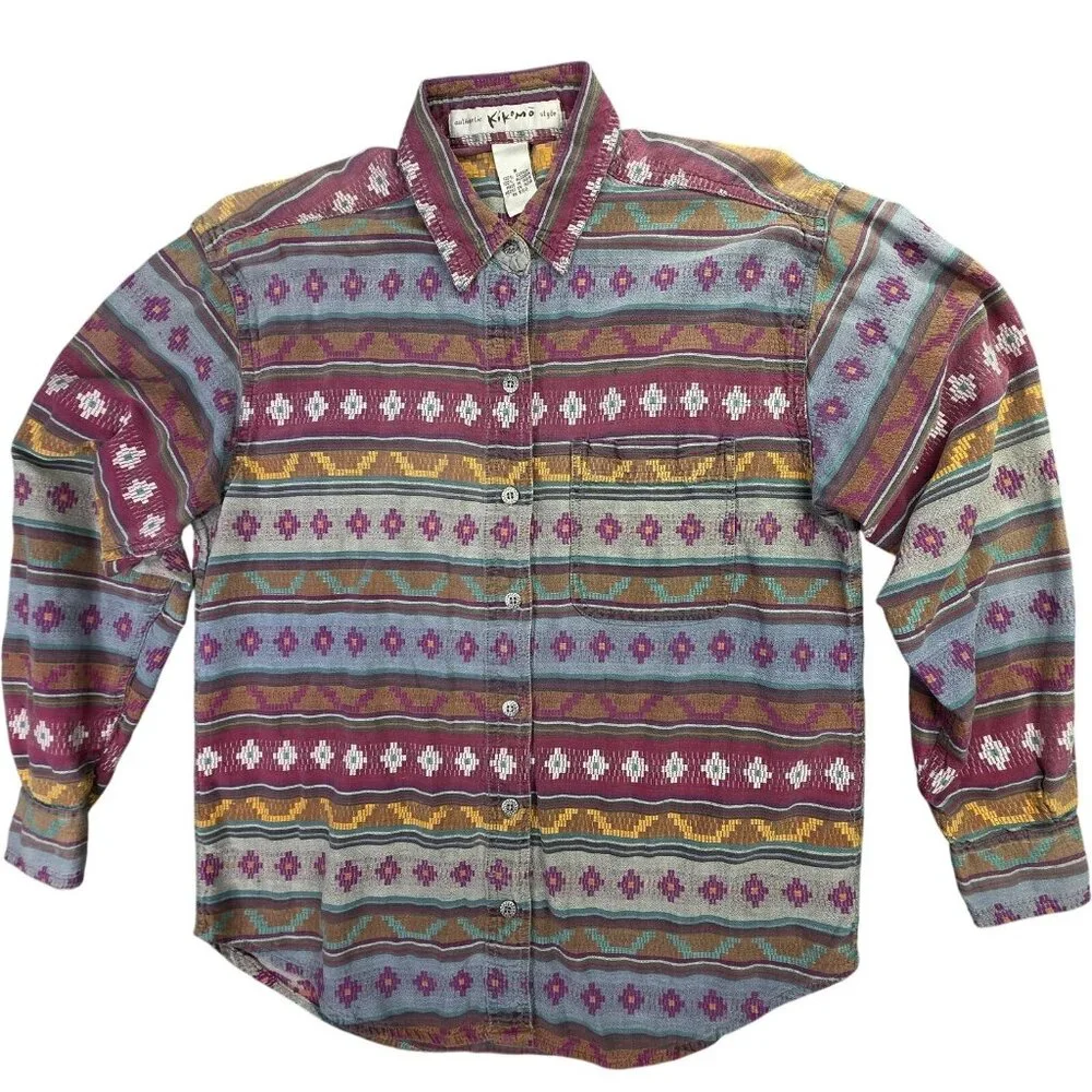 Vintage Southwestern Shirt Womens Medium Red Aztec Stripe 90s Western Cowgirl